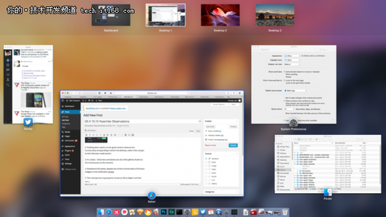 OS X Yosemite中苹果进一步强化了应用以传统程序窗口运行或者全屏运行的概念。最大化按钮变成了全屏选项。因为有了Mission Control和Spaces，在MacBook笔记本这样的小屏幕设备上使用全屏应用也变得更加方便了。