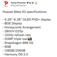 华为Mate 50标准版细节曝光：1.5K国产屏+骁龙888 4G芯片